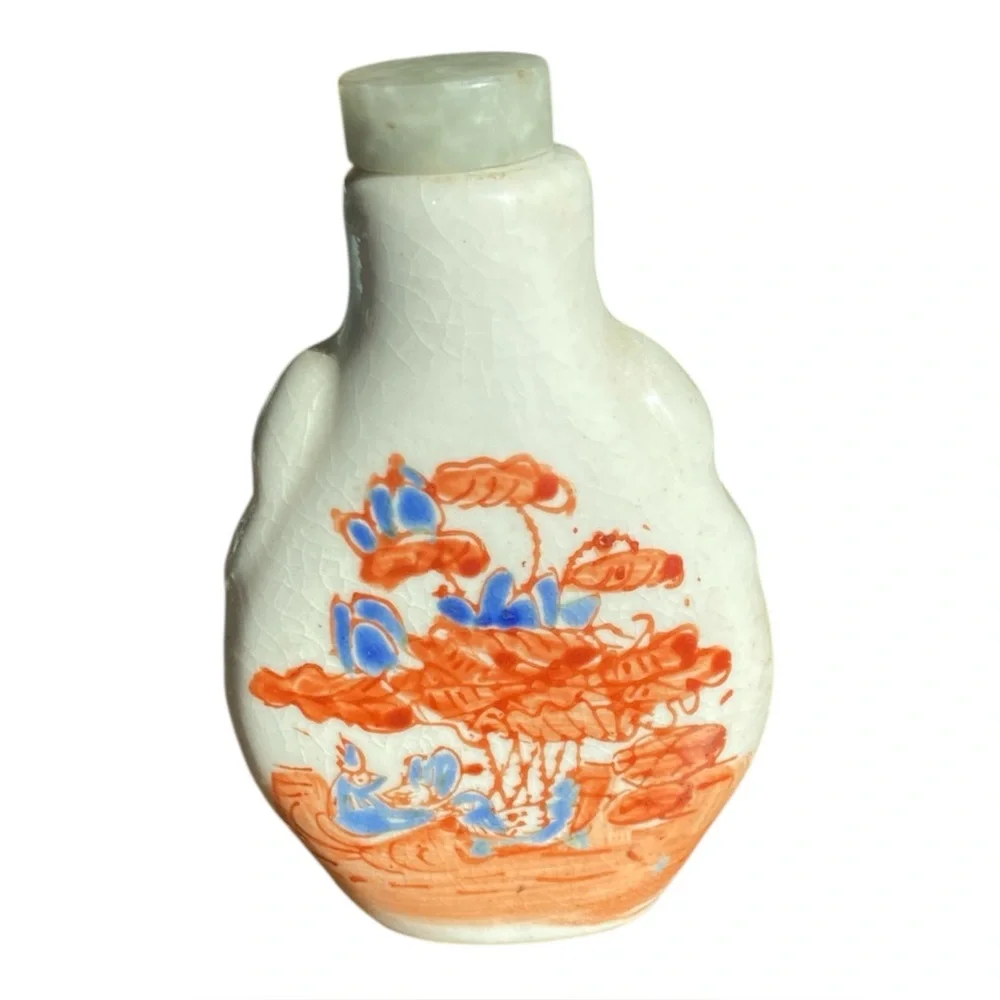 Vintage Chinese Ironstone Snuff Bottle Hand Painted Orange Floral Asian Scene 3